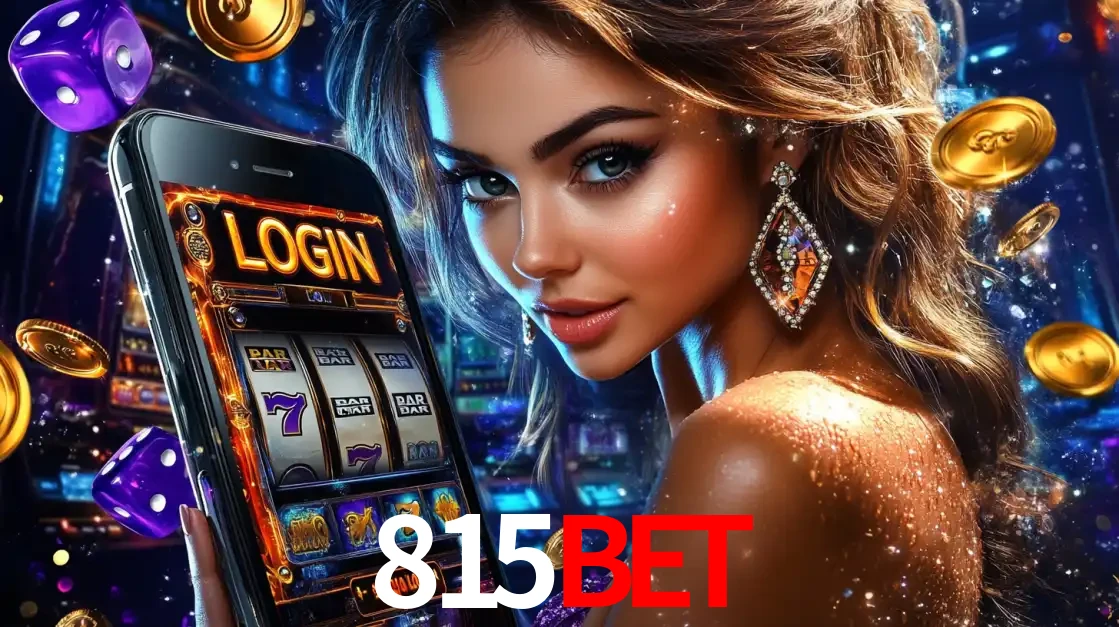 Mulher glamorosa segurando um smartphone com a tela de login para os jogos de caça-níqueis do cassino online 815bet, com moedas de ouro e dados ao redor.