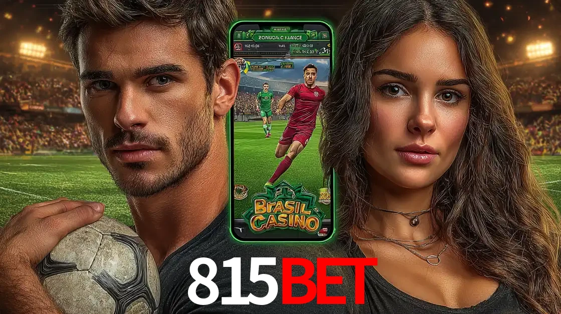 Homem segurando uma bola de futebol e uma mulher ao lado de um smartphone exibindo o jogo de apostas esportivas da 815bet. Faça seu palpite no cassino online.